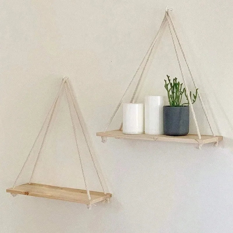 Wooden Hanging Rope Shelf