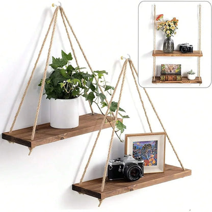 Wooden Hanging Rope Shelf